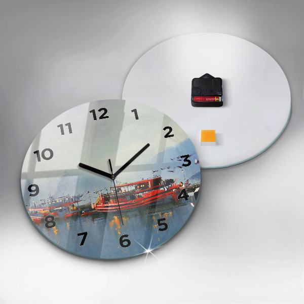 Round glass clock Fishing boat in port