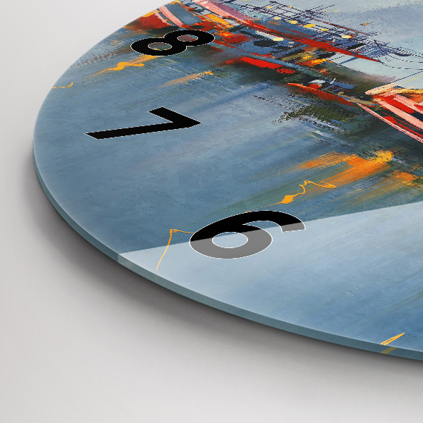 Round glass clock Fishing boat in port