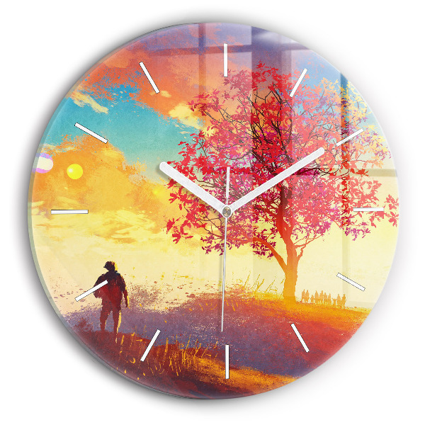 Round glass clock Autumn Landscape