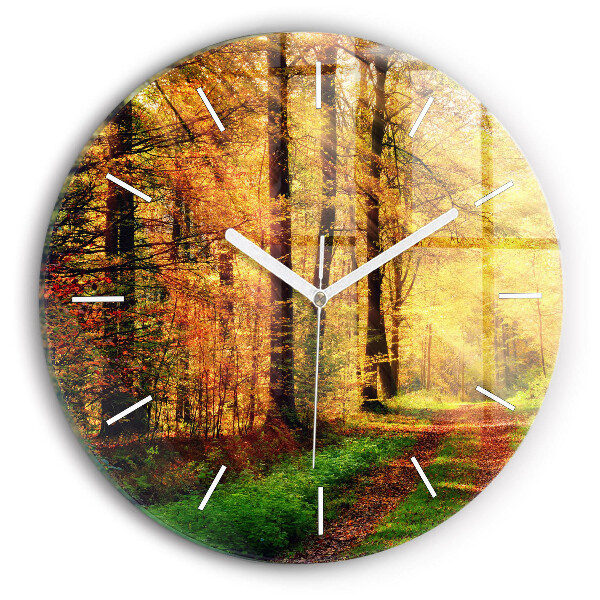 Round glass clock Autumn forest scenery