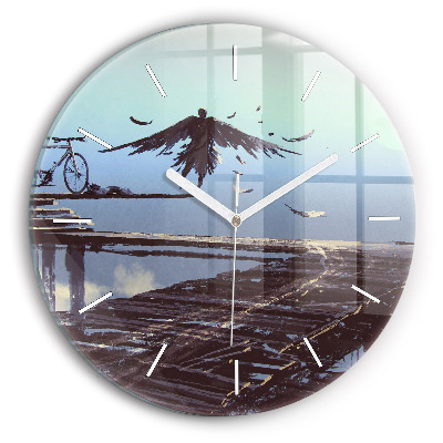 Round glass clock Angel, Bridge and Bicycle