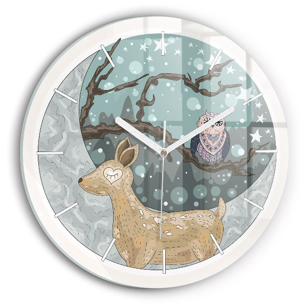 Round glass clock Nocturnal Animals and the Moon