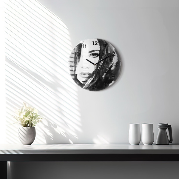 Round glass clock Portrait of a woman