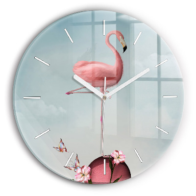 Round glass clock Surreal Flamingo