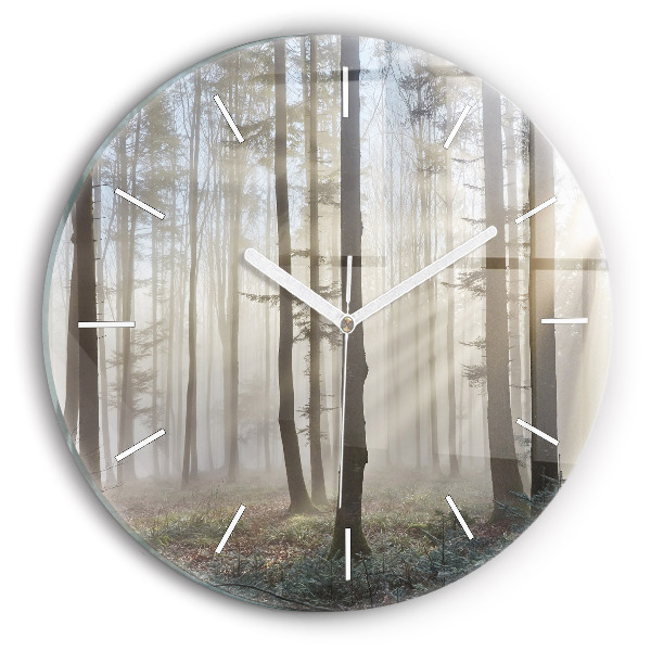Round glass clock Forest in the fog