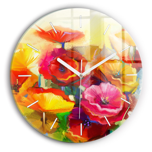 Round glass clock Colorful poppies