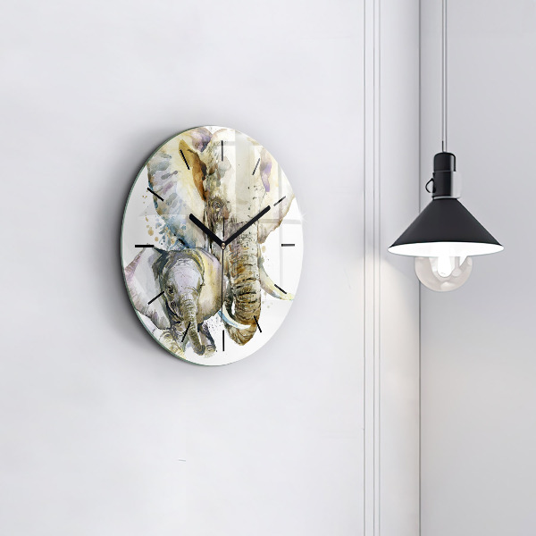 Round glass clock Painted animals elephants
