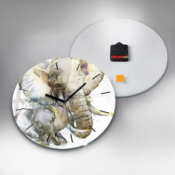 Round glass clock Painted animals elephants