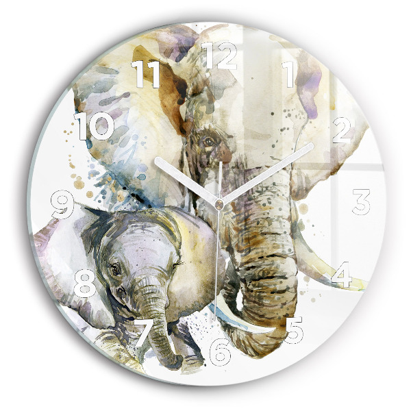 Round glass clock Painted animals elephants