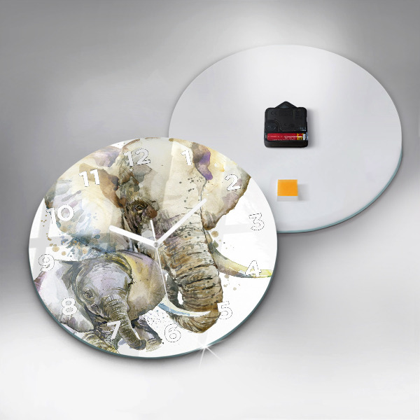 Round glass clock Painted animals elephants
