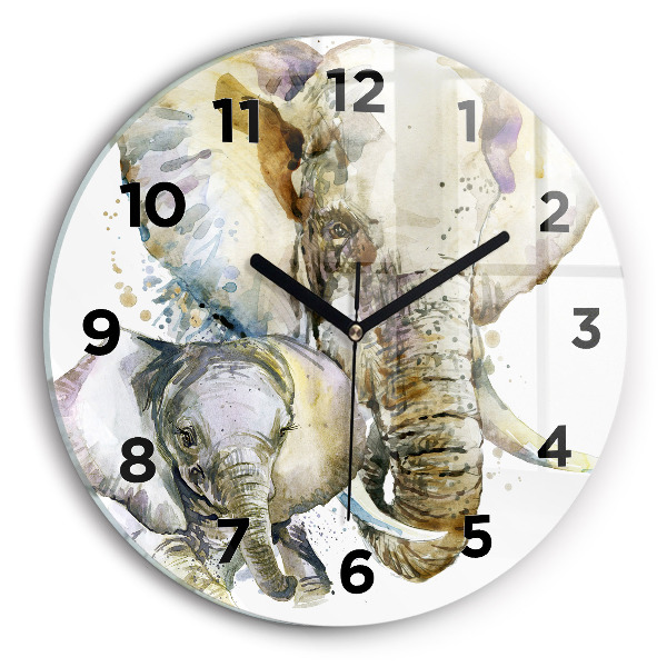 Round glass clock Painted animals elephants