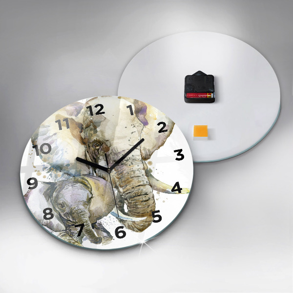 Round glass clock Painted animals elephants