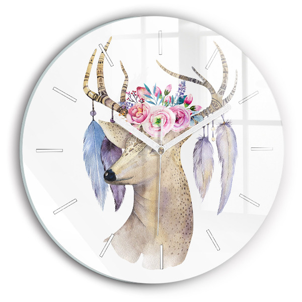 Round glass clock Deer head and flowers