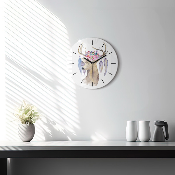 Round glass clock Deer head and flowers