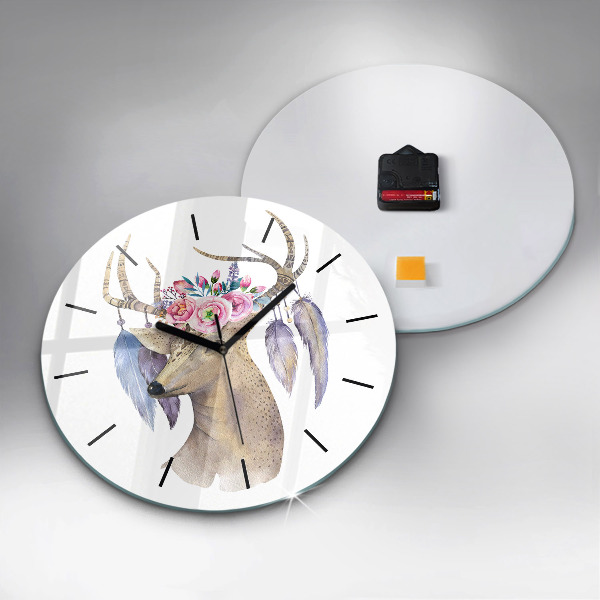 Round glass clock Deer head and flowers