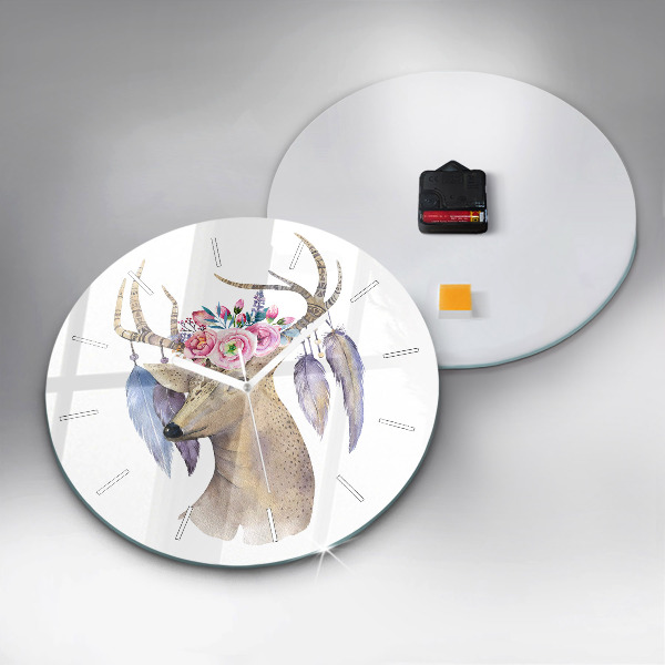 Round glass clock Deer head and flowers