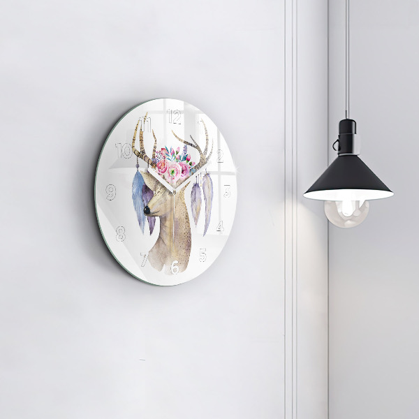 Round glass clock Deer head and flowers