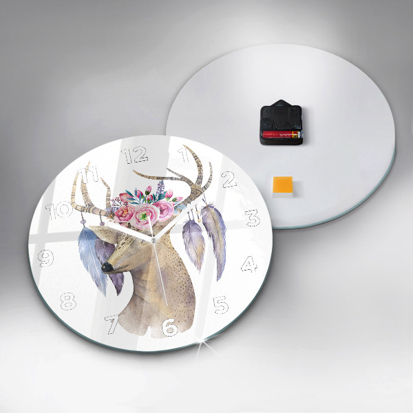 Round glass clock Deer head and flowers