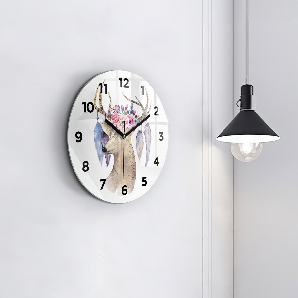 Round glass clock Deer head and flowers