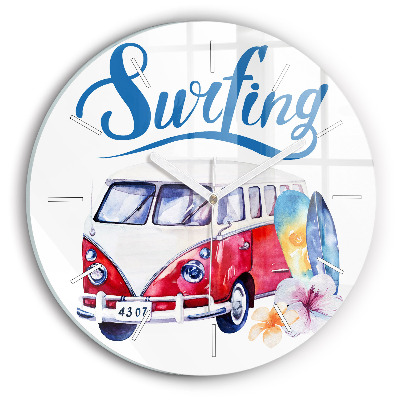 Round glass clock Car and Surfing sign