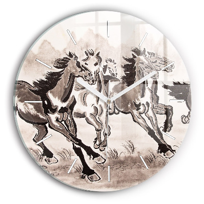 Round glass clock Galloping horses
