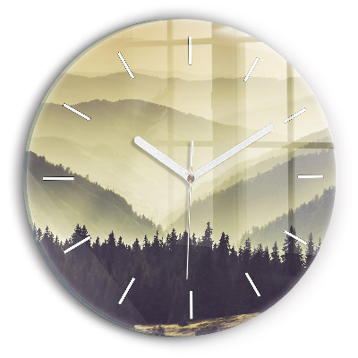 Round glass clock Misty mountain slopes