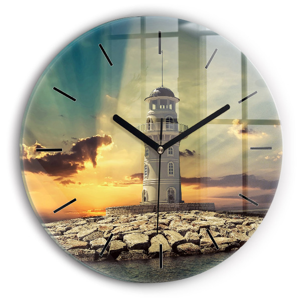 Round glass clock Lighthouse on the water