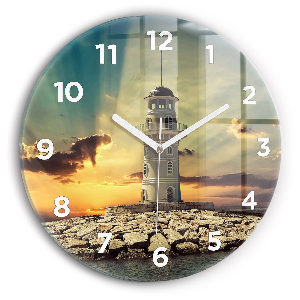 Round glass clock Lighthouse on the water