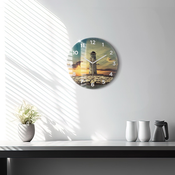 Round glass clock Lighthouse on the water
