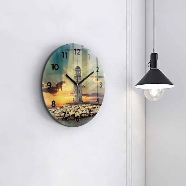 Round glass clock Lighthouse on the water