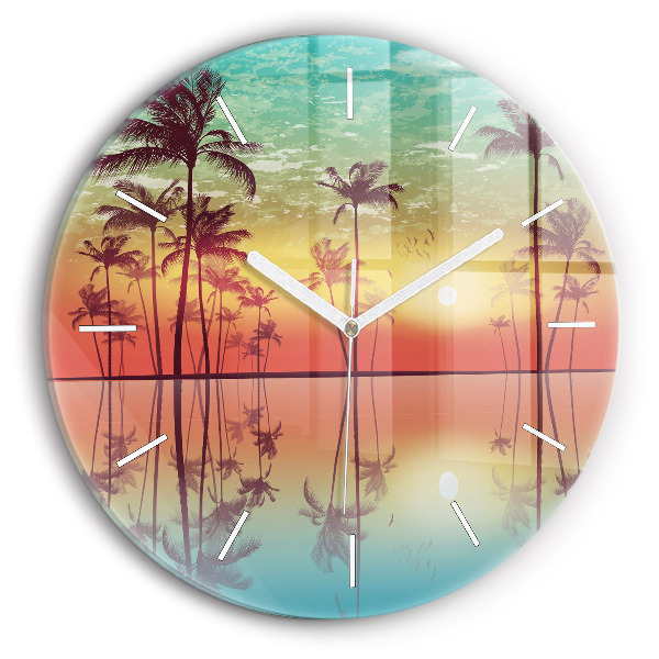 Round glass clock Tropical palm trees