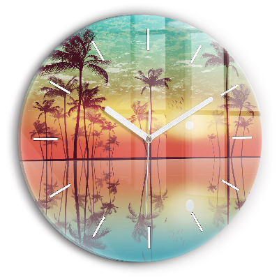 Round glass clock Tropical palm trees