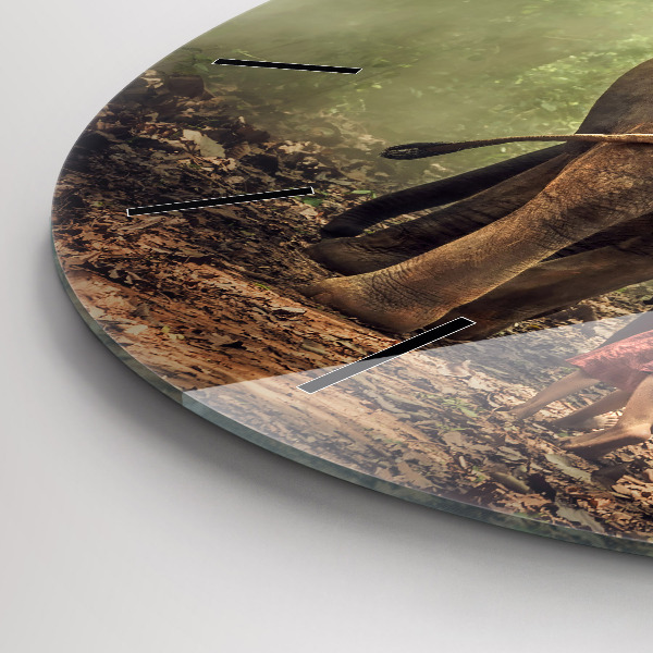Round glass clock Children leading an elephant