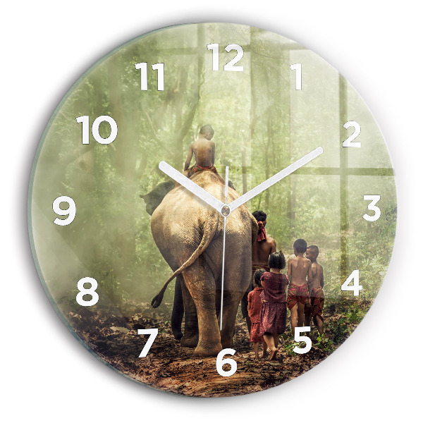 Round glass clock Children leading an elephant