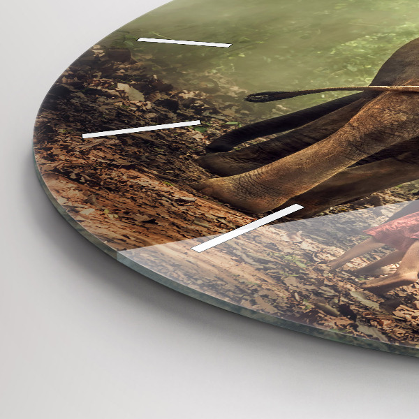 Round glass clock Children leading an elephant