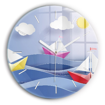 Round glass clock Origami colorful sailboats