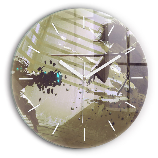 Round glass clock Robot vs Samurai Fight