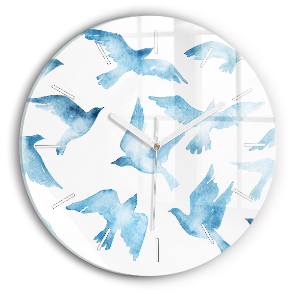 Round glass clock Flying blue birds
