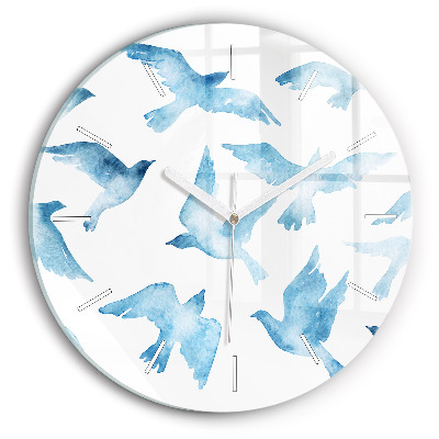 Round glass clock Flying blue birds