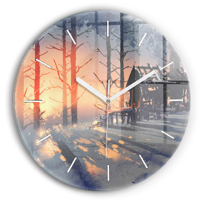 Round glass clock Winter Tree Landscape