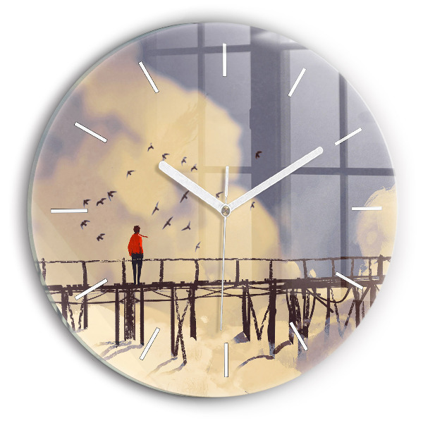 Round glass clock Man on the old bridge