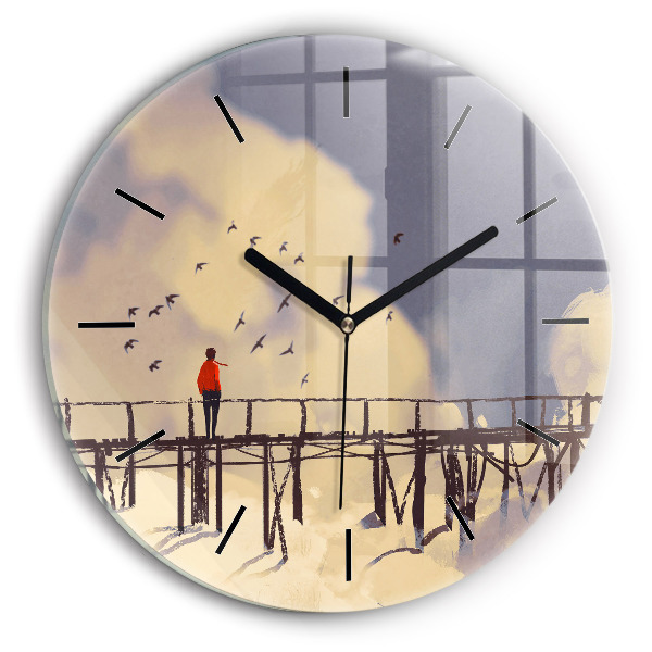 Round glass clock Man on the old bridge