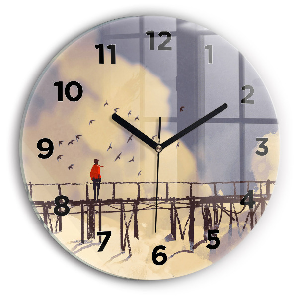 Round glass clock Man on the old bridge