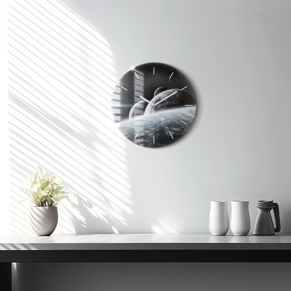 Round glass clock Space and planets