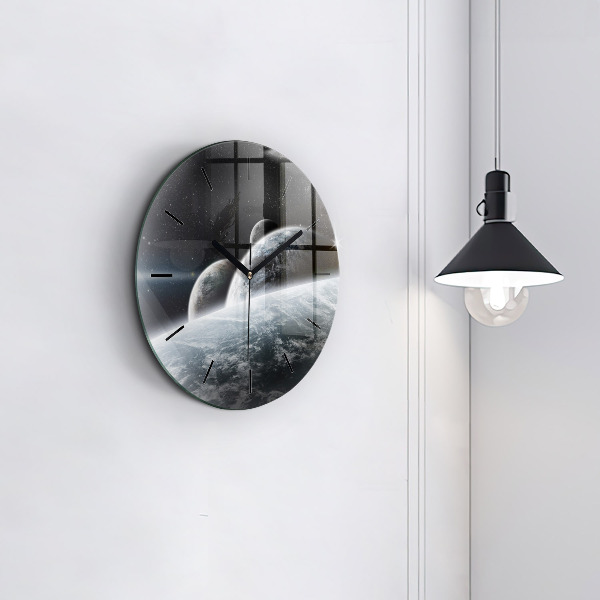 Round glass clock Space and planets