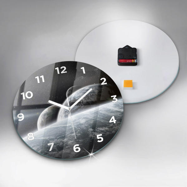 Round glass clock Space and planets
