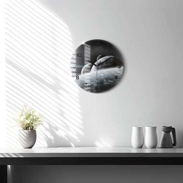 Round glass clock Space and planets