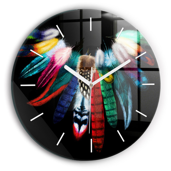 Round glass clock Colorful bird feathers
