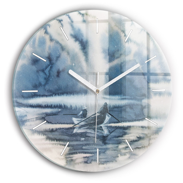 Round glass clock Fisherman on the lake
