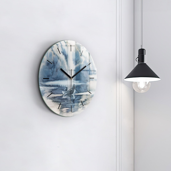 Round glass clock Fisherman on the lake